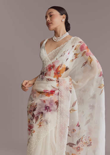 White Organza Printed Saree With Bead Embroidery