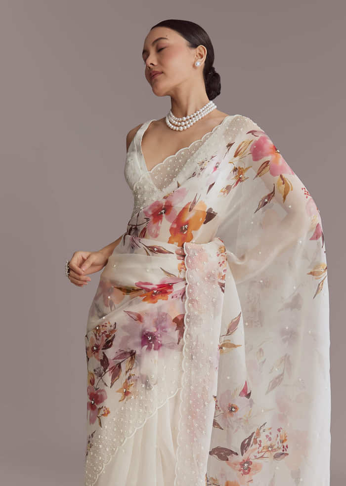 White Organza Printed Saree With Bead Embroidery