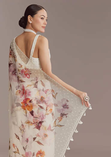 White Organza Printed Saree With Bead Embroidery