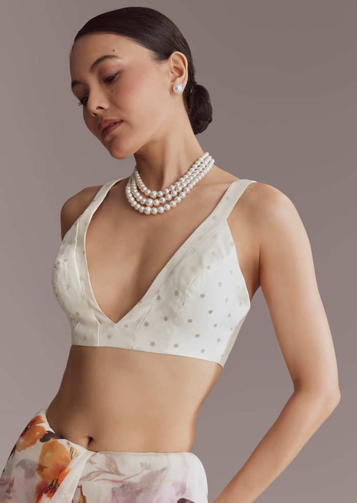 White Organza Printed Saree With Bead Embroidery