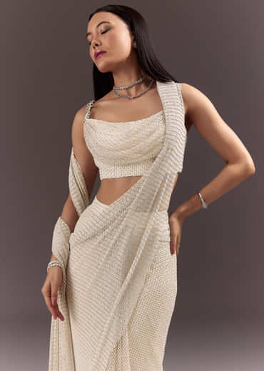 White Pre Draped Saree With Crystal Work And Cowl Blouse