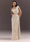 White Pre Draped Saree With Crystal Work And Cowl Blouse