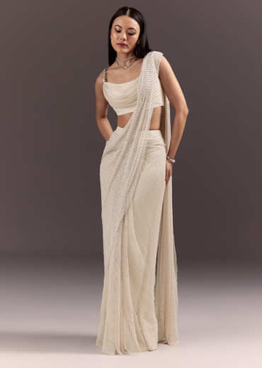 White Pre Draped Saree With Crystal Work And Cowl Blouse