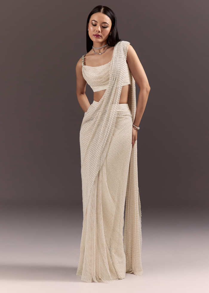 White Pre Draped Saree With Crystal Work And Cowl Blouse