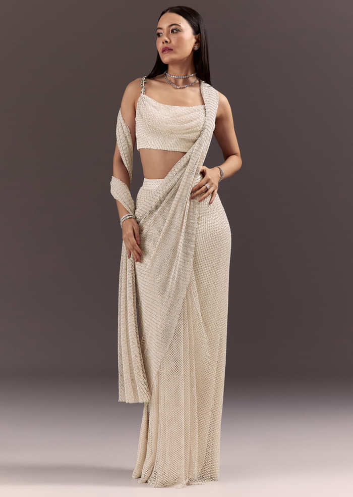 White Pre Draped Saree With Crystal Work And Cowl Blouse