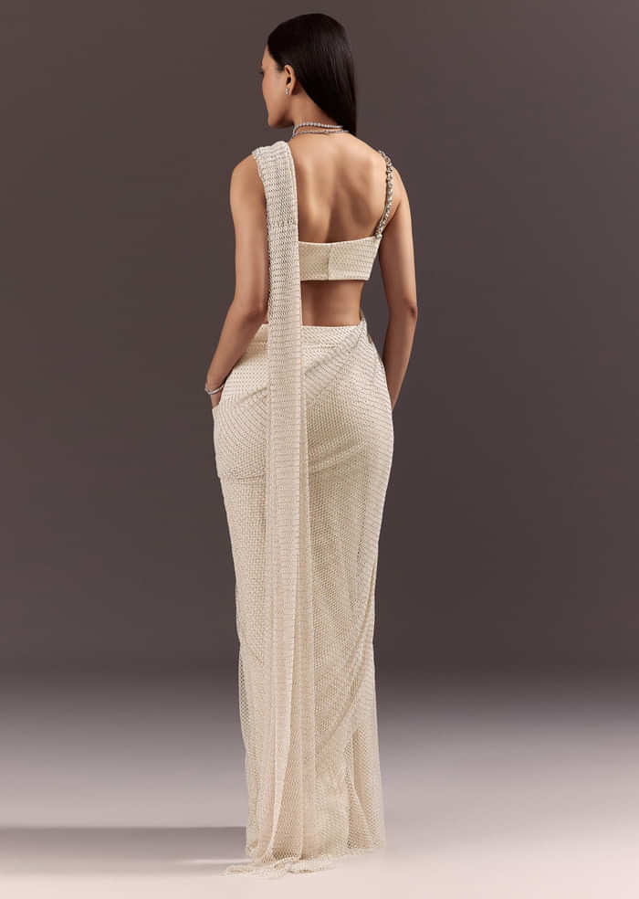 White Pre Draped Saree With Crystal Work And Cowl Blouse