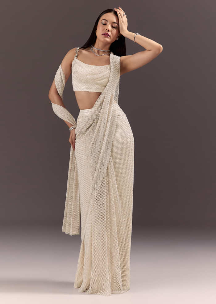 White Pre Draped Saree With Crystal Work And Cowl Blouse