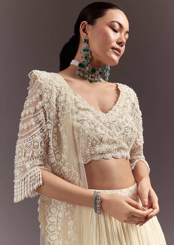 White Rushed Lehenga Set With Cape Dupatta