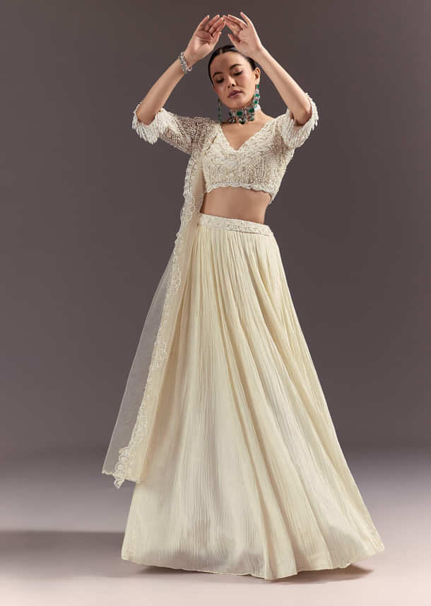 White Rushed Lehenga Set With Cape Dupatta