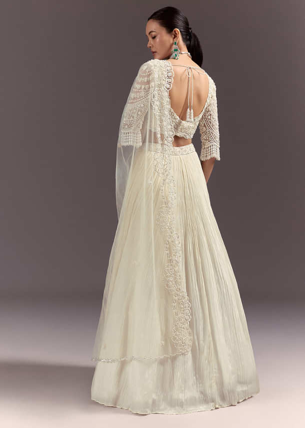 White Rushed Lehenga Set With Cape Dupatta