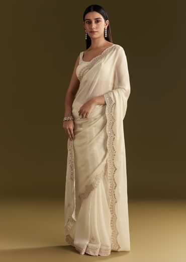White Satin Embroidered Saree With Gota Patti Work