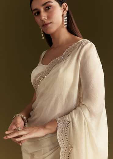White Satin Embroidered Saree With Gota Patti Work