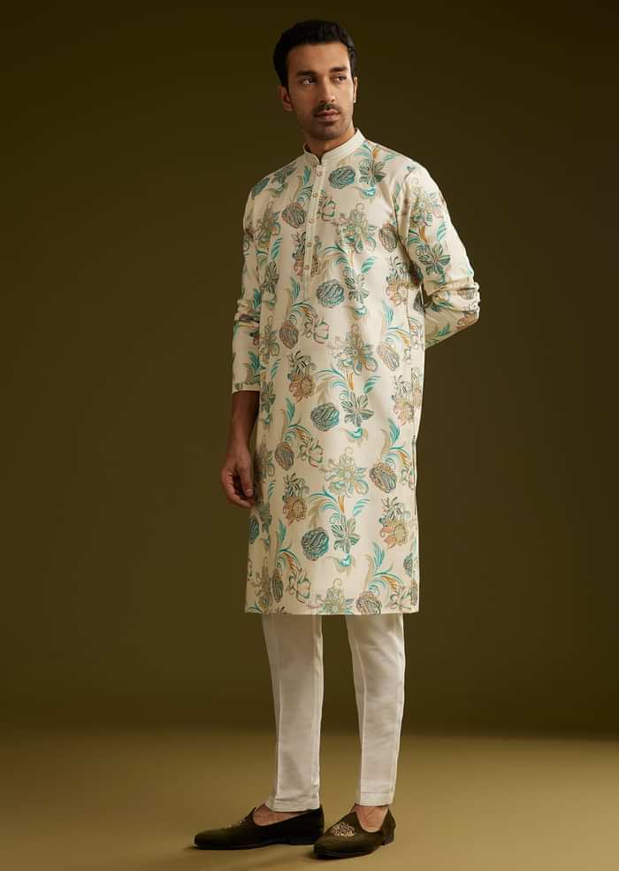 White Silk Kurta Set With Surreal Nature Prints