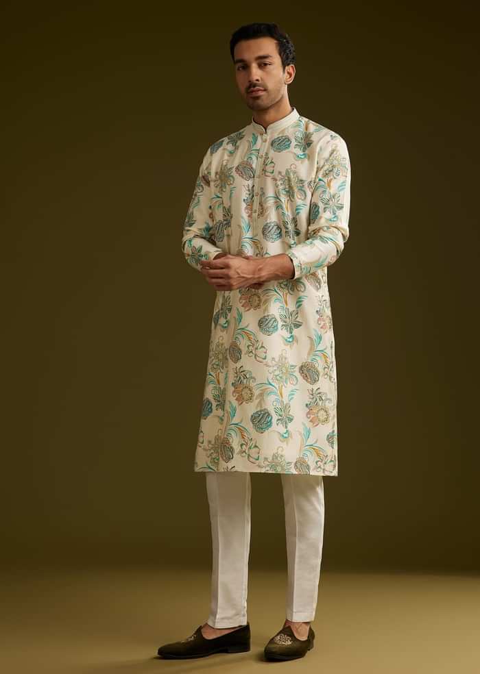 White Silk Kurta Set With Surreal Nature Prints