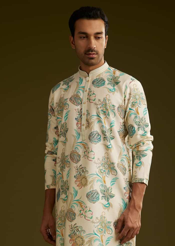 White Silk Kurta Set With Surreal Nature Prints