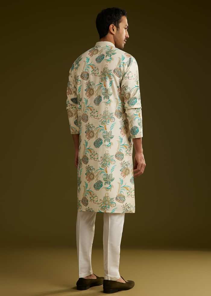 White Silk Kurta Set With Surreal Nature Prints