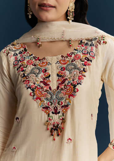 White Silk Kurta Set With Thread Work