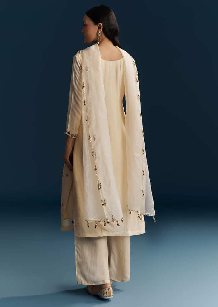 White Silk Kurta Set With Thread Work