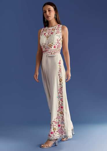 White Thread And Moti Work Jumpsuit With Waist Belt