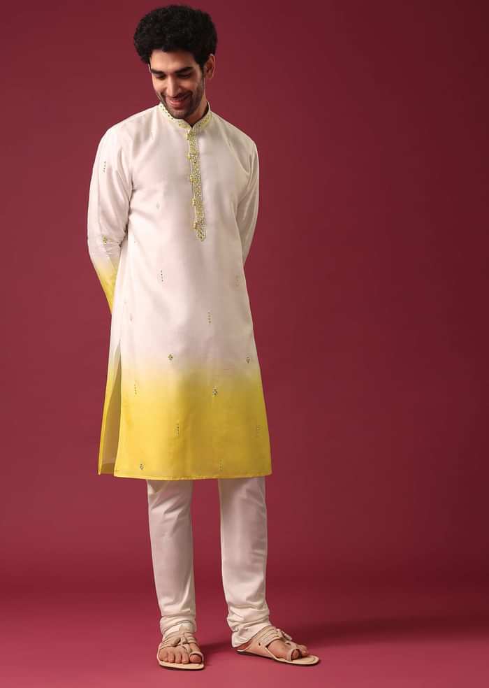 Yellow White Ombre Kurta Set In Silk With Mirror Work