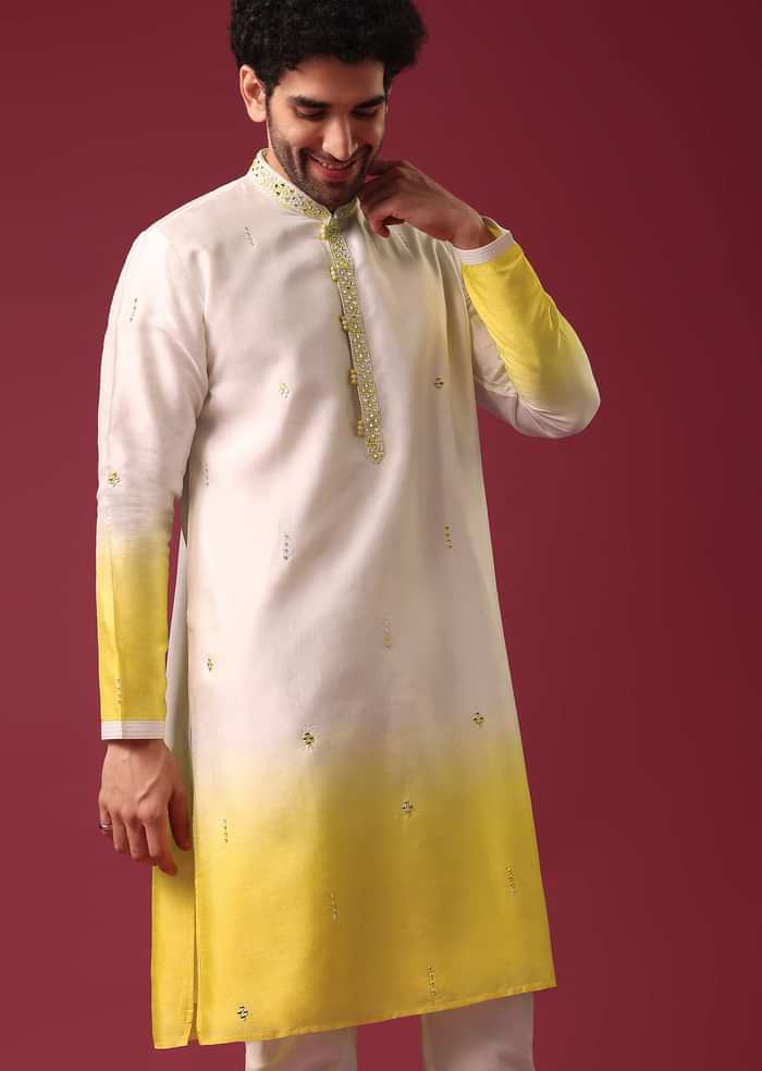 Yellow White Ombre Kurta Set In Silk With Mirror Work