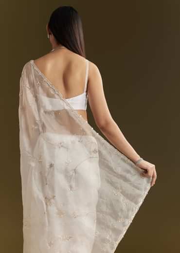 White Tissue Embroidered Saree With Scallop Border