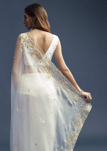 White Tissue Saree With Floral Cutdana Embroidery
