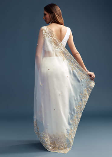 White Tissue Saree With Floral Cutdana Embroidery