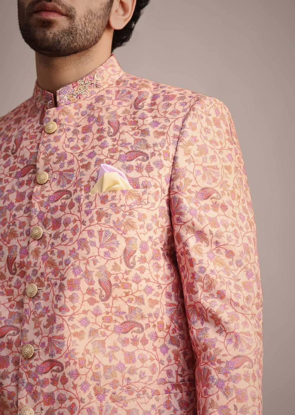 White And Cream Printed Silk Jodhpuri Suit