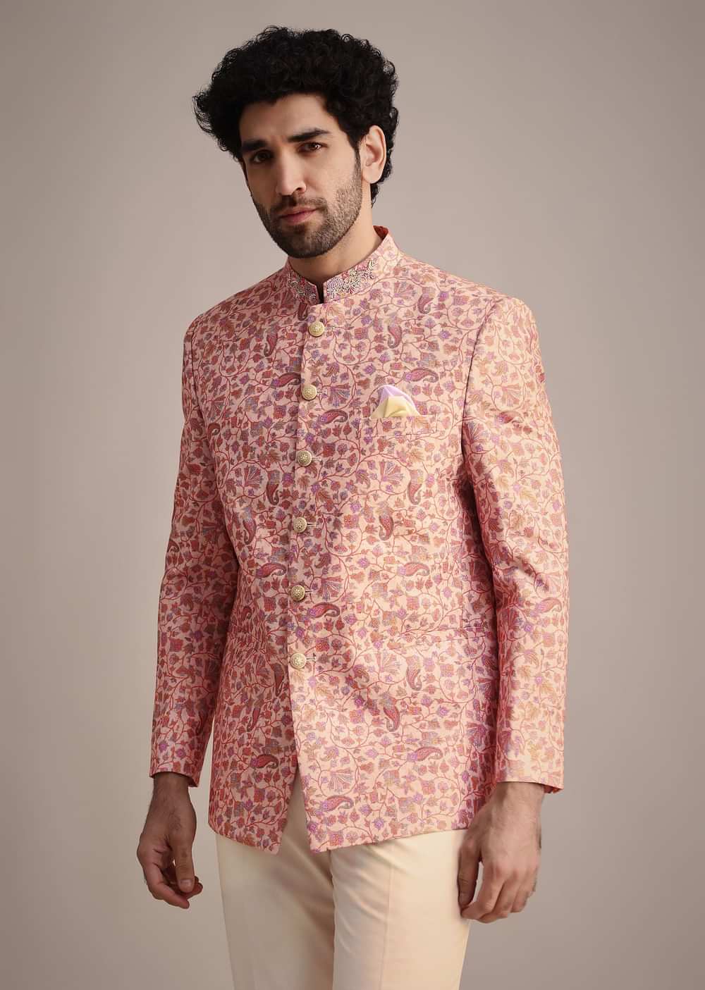 White And Cream Printed Silk Jodhpuri Suit