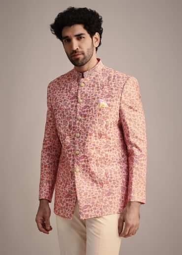 White And Cream Printed Silk Jodhpuri Suit