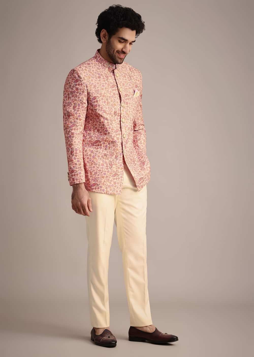 White And Cream Printed Silk Jodhpuri Suit