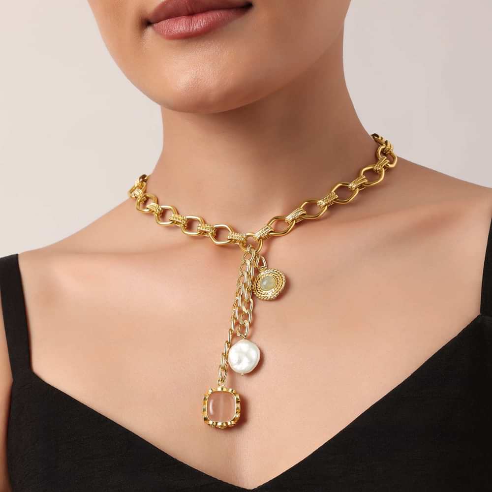 White And Gold Finish Pendant Short Necklace With Pearls