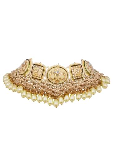 White And Gold Kundan Necklace In Mix Metal