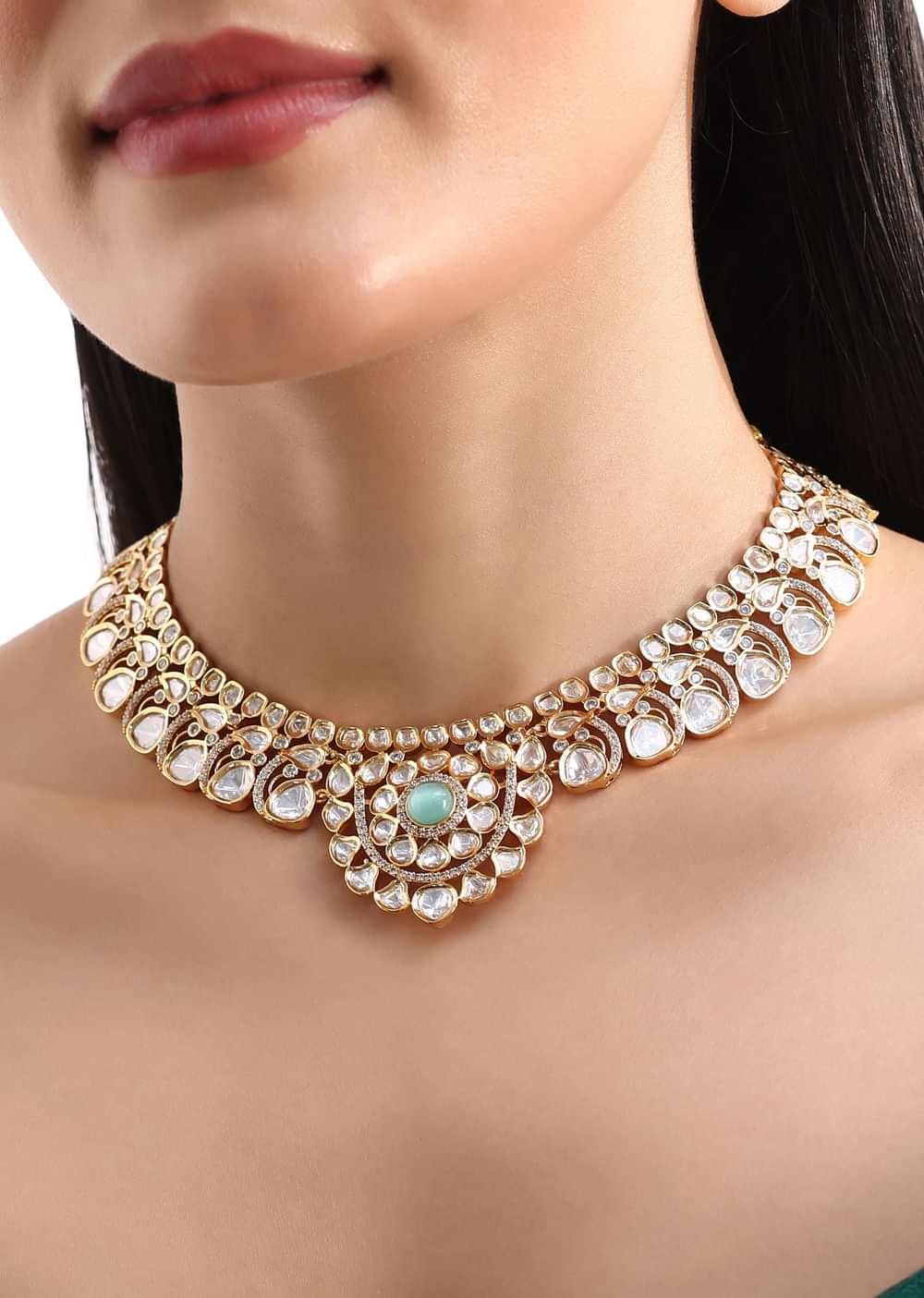 White And Gold Kundan Necklace With Earrings