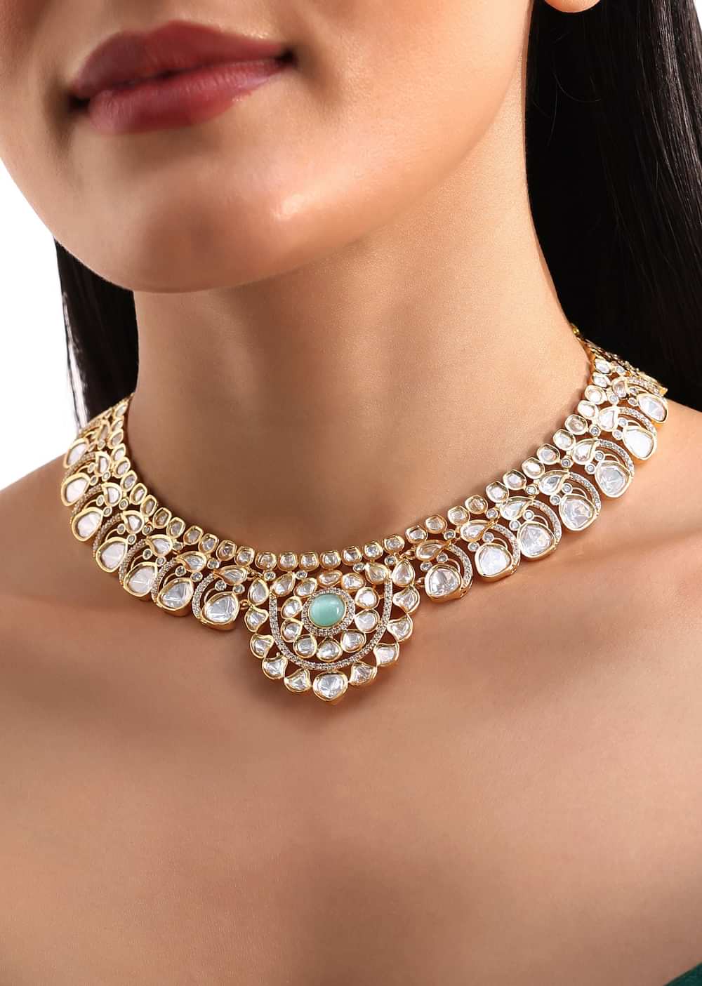 White And Gold Kundan Necklace With Earrings