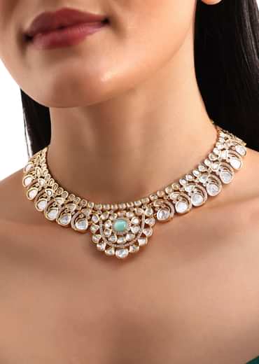 White And Gold Kundan Necklace With Earrings