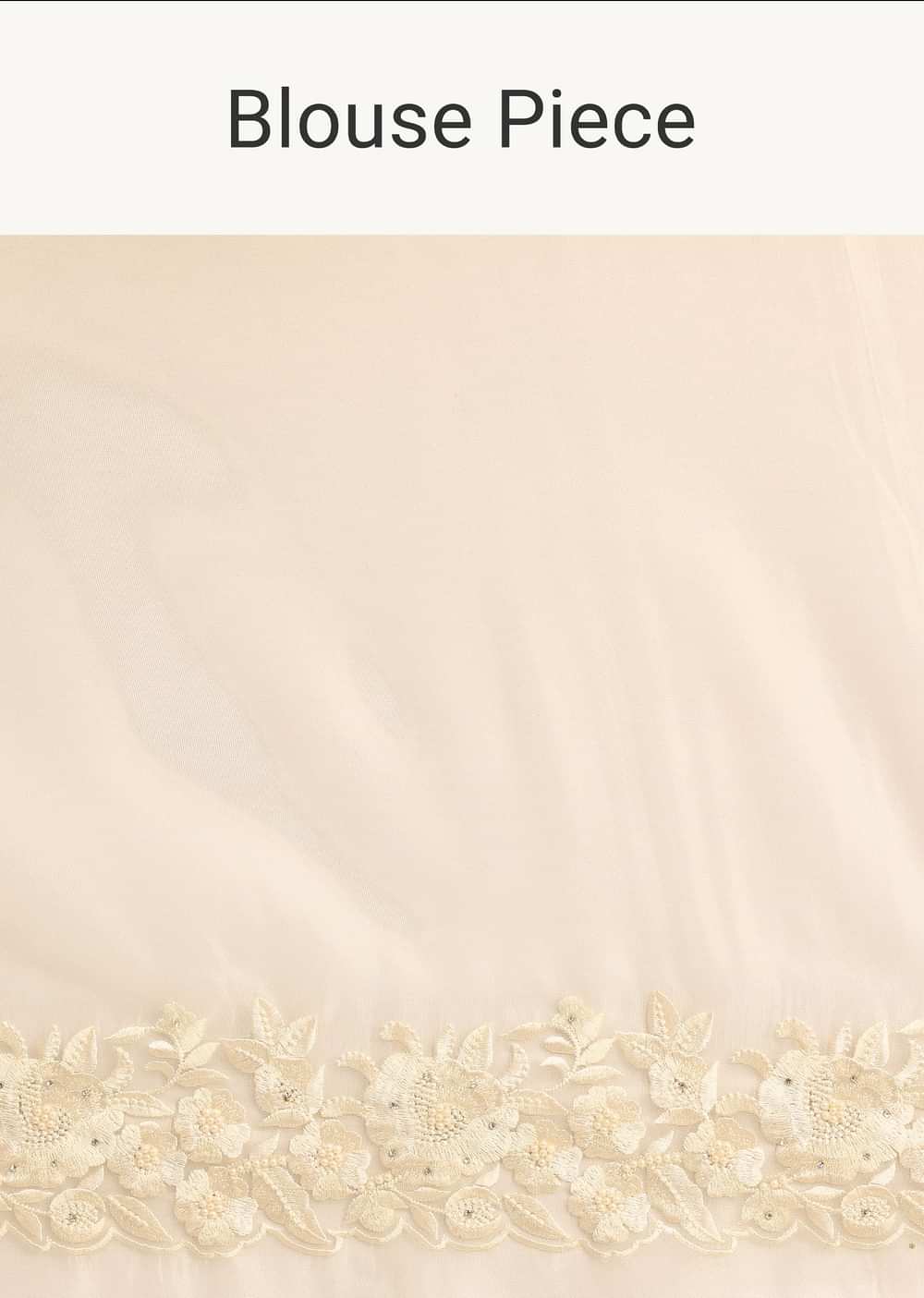White Satin Saree With Floral Motif Thread Work And Unstitched Blouse Piece