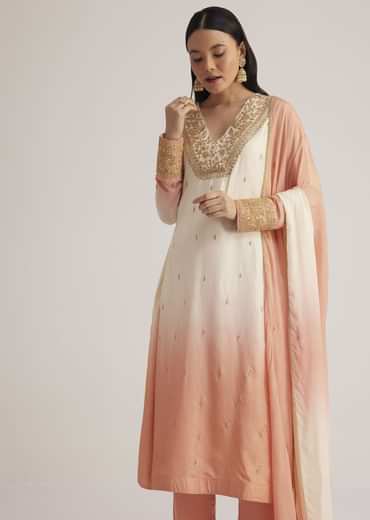 White and Peach Ombre Embroidered Suit