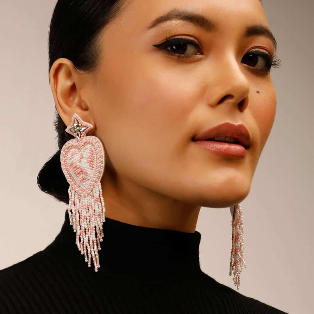 White And Pink Beads Embellished Leather Earrings With Fringes And Stone Work