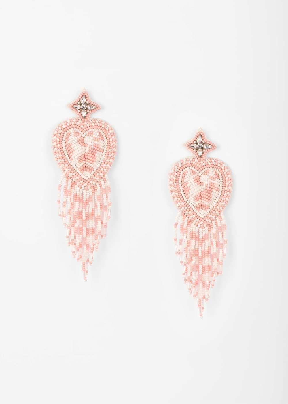 White And Pink Beads Embellished Leather Earrings With Fringes And Stone Work