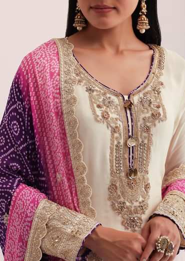White And Purple Palazzo Set With Pink Dupatta