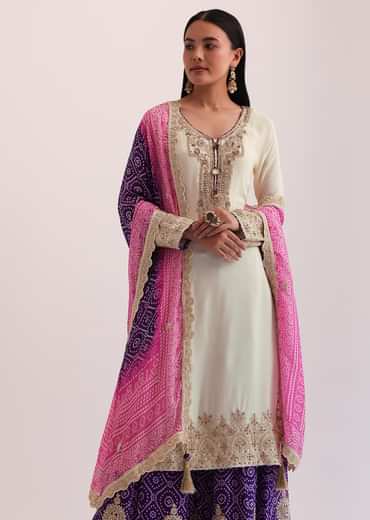 White And Purple Palazzo Set With Pink Dupatta
