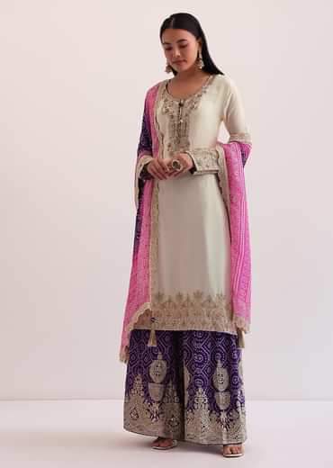 White And Purple Palazzo Set With Pink Dupatta