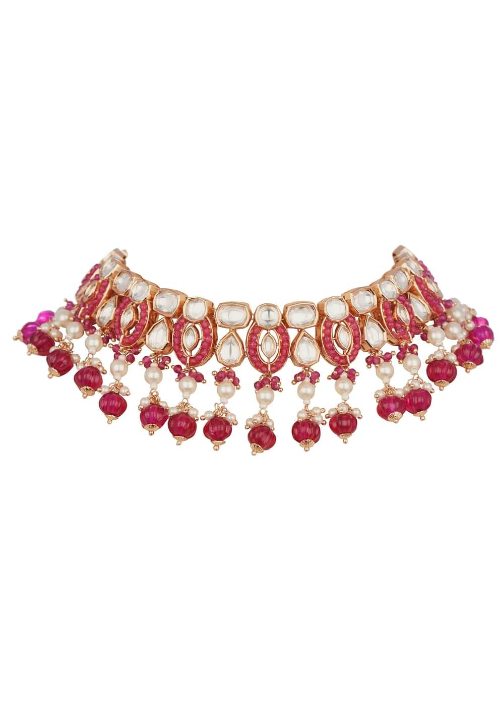 White And Red Short Kundan Necklace Set In Mix Metal