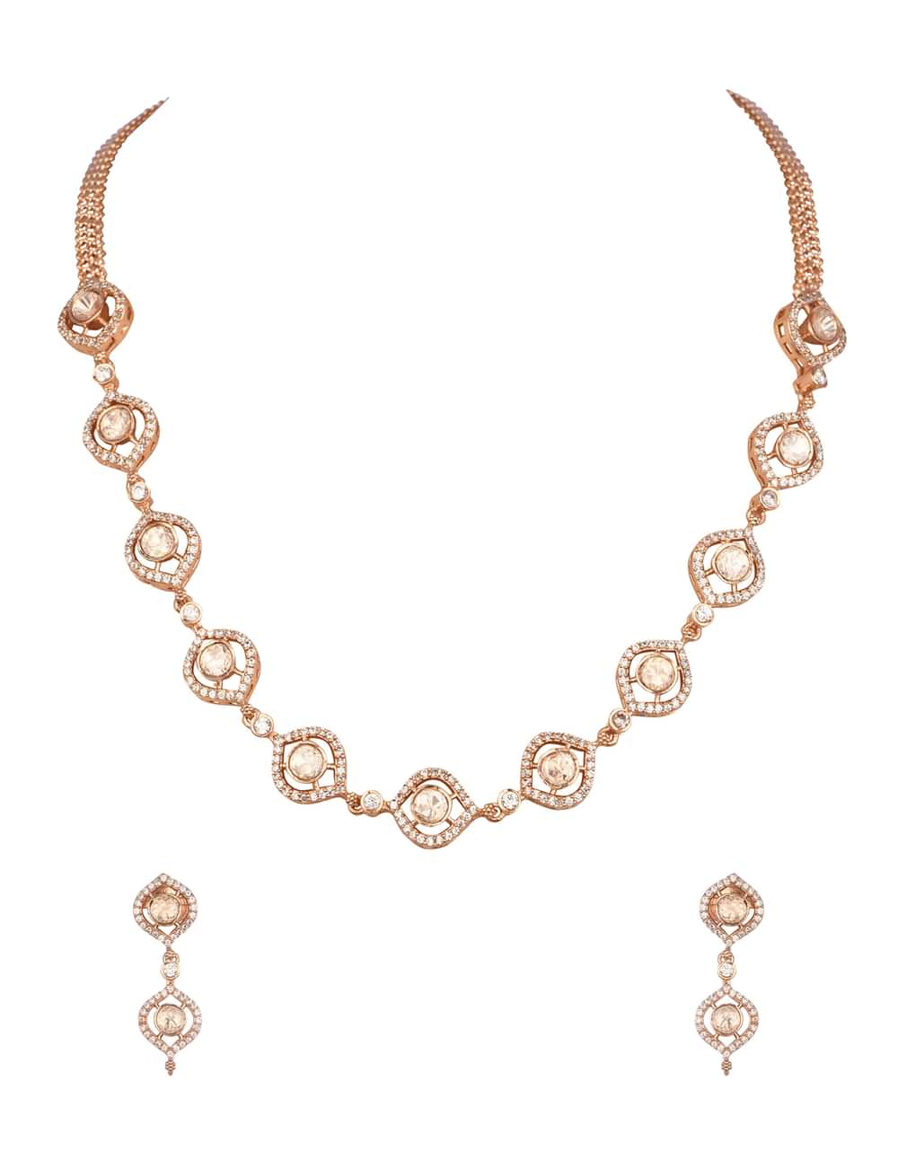 White And Rose Gold Kundan Diamond Necklace Set