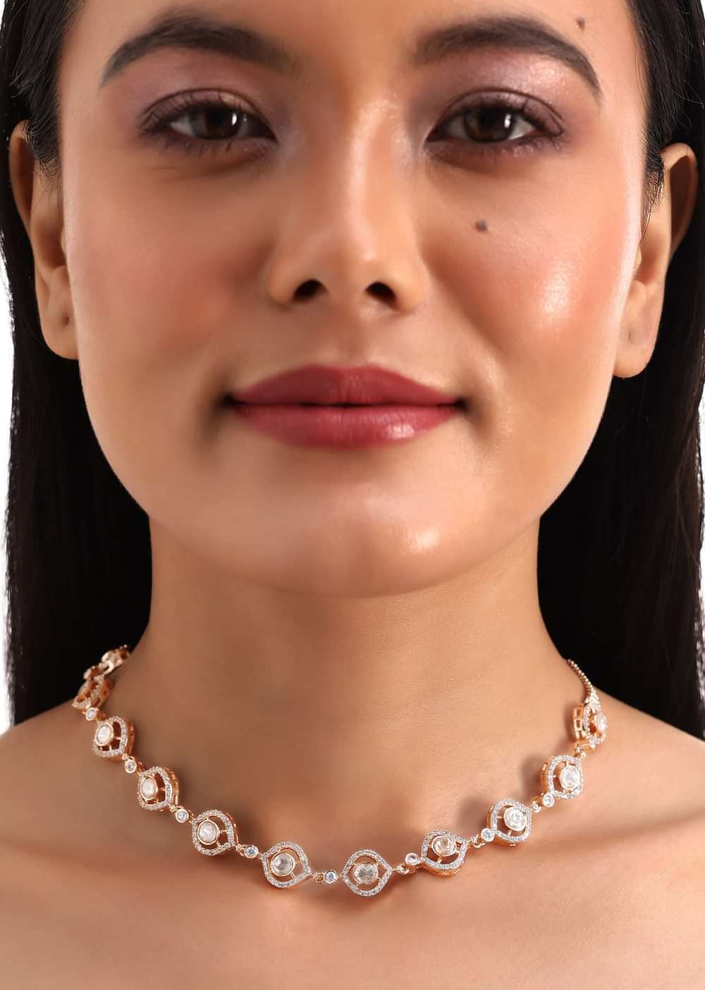 White And Rose Gold Kundan Diamond Necklace Set