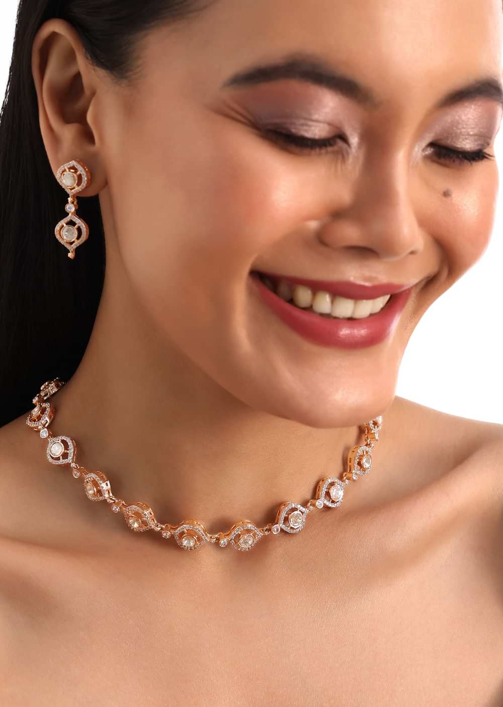 White And Rose Gold Kundan Diamond Necklace Set