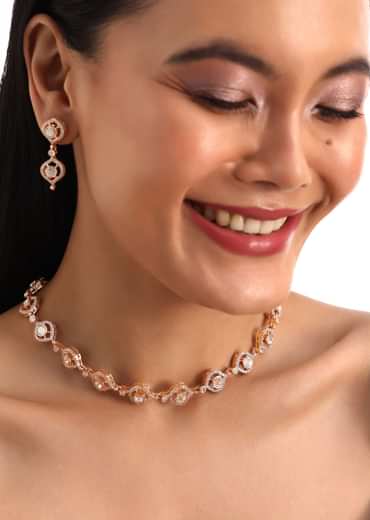 White And Rose Gold Kundan Diamond Necklace Set
