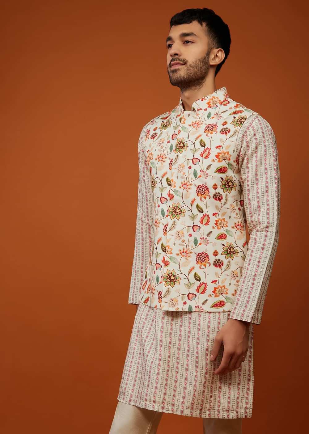 Off White Floral Printed Bandi Jacket Set In Cotton Silk